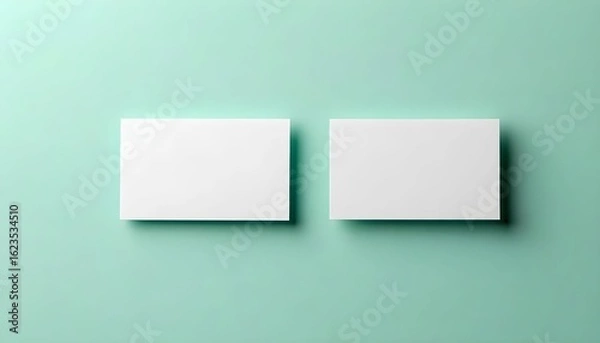 Fototapeta Two blank white business cards displayed against a pale teal background.