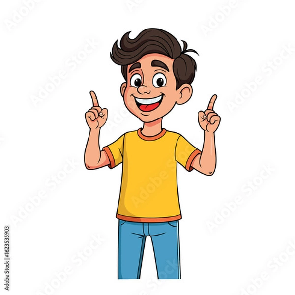 Fototapeta Happy Cartoon Boy Pointing Up – Vector Character on White Background