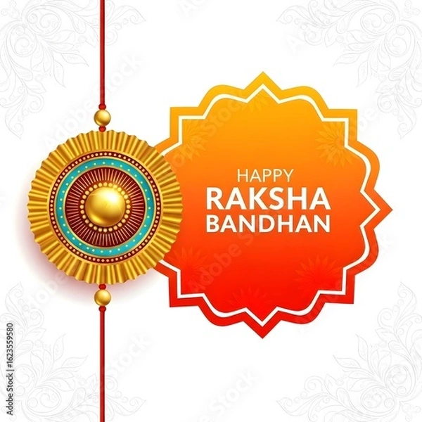 Fototapeta A rakhi design with a golden and blue circular ornament and happy raksha bandhan text on orange shape