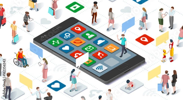 Fototapeta Łączyć ludzi i ogólnospołecznego medialnego graficznego wektorowego szablon z płaskimi isometric elementów ludźmi i smartphone przyrządami ilustracyjnymi