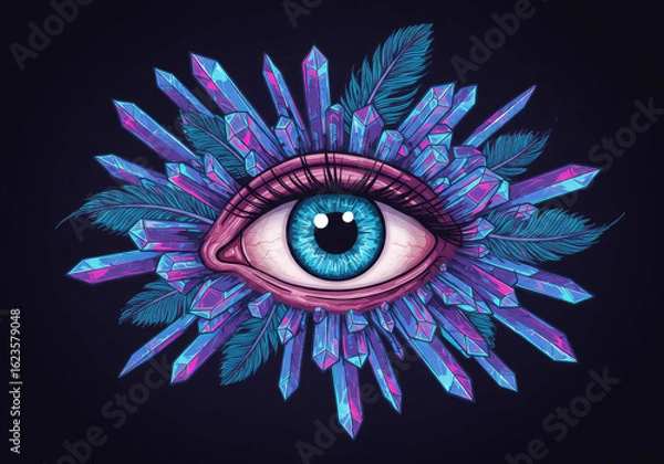 Fototapeta Hyper-Sharp Neon Eye Surrounded by Crystal Shards and Feathered Patterns in Cosmic Darkness
