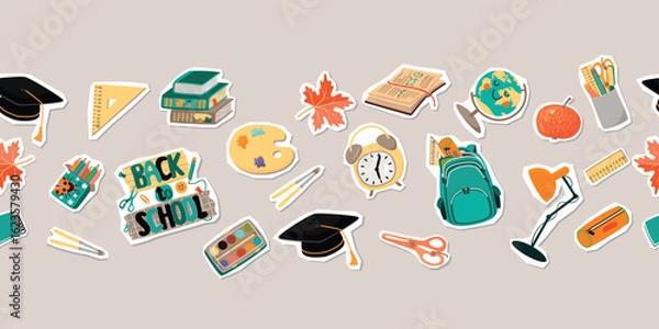 Fototapeta Back to school border with school supplies. Books, backpack, pencil case, student's cap, apple, maple leaf, lamp, globe, alarm clock. Horizontal banner with cartoon collage elements. Vector design.