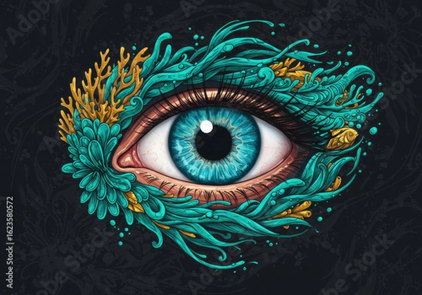Fototapeta Surreal Oceanic Eye with Flowing Fish Motifs and Turquoise Coral Swirls in Darkness