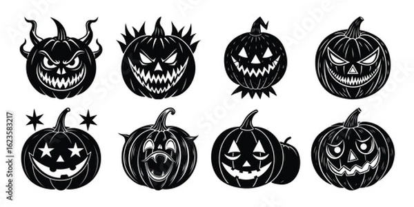 Obraz Vector art of collection of eight scary and spooky halloween jackolanterns with carved faces, isolated on white background.