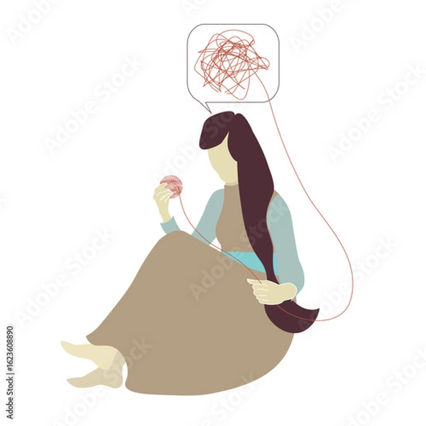Fototapeta Woman organizing thoughts, symbolic poster of mental health. Girl winding threads into a ball while sitting. Symbolizing panic, phobia, depression, stress, bipolar disorder flat design stock vector il