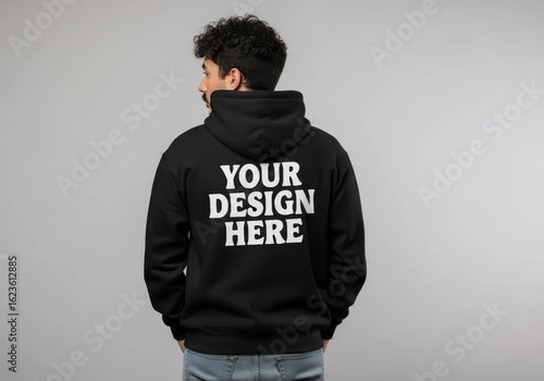 Fototapeta Man wearing a black hoodie with your design here printed on the back, isolated on a grey background, showcasing a mockup for custom apparel mockup