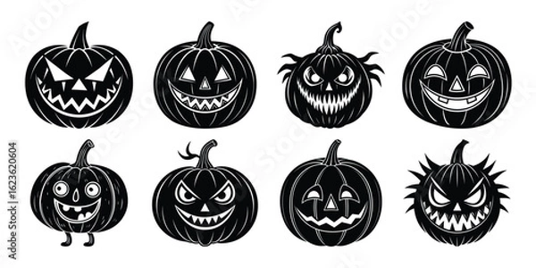 Obraz Vector art of collection of eight scary and spooky carved halloween jackolantern pumpkins with different expressions.