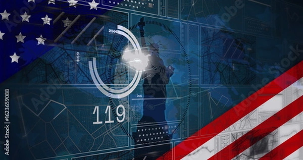 Fototapeta Displaying circular chart with Statue of Liberty silhouette and ‘119' on flag-themed dashboard