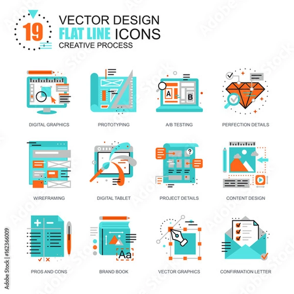 Obraz Flat line creative process icons