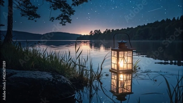 Obraz Glowing lantern casts serene light on tranquil lake under starry night sky for peaceful escape