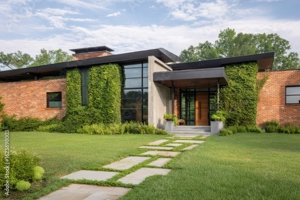 Fototapeta Modern home design with natural elements in a serene landscape showcasing lush greenery and a welcoming entrance path on a bright day