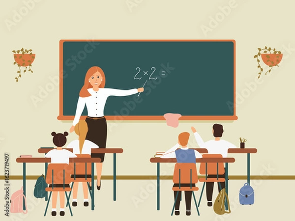 Fototapeta Female math teacher explaining multiplication to elementary school pupils or children near chalkboard. Young woman teaching mathematics or arithmetic to kids sitting at desks in class.Raster