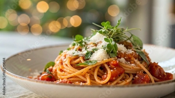 Fototapeta Spaghetti al Pomodoro Garnished with Herbs, Cheese, and a Light Bokeh Background
Delicious and Fresh Italian Pasta Dish with Cherry Tomatoes and Parmesan Cheese