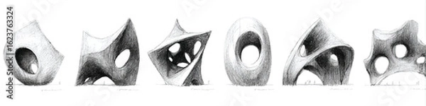 Fototapeta Conceptual Architectural Sketches of Organic Forms Modern Art and Design Exploration Creative Vision Pencil Rendered Sculptures for Inspiration