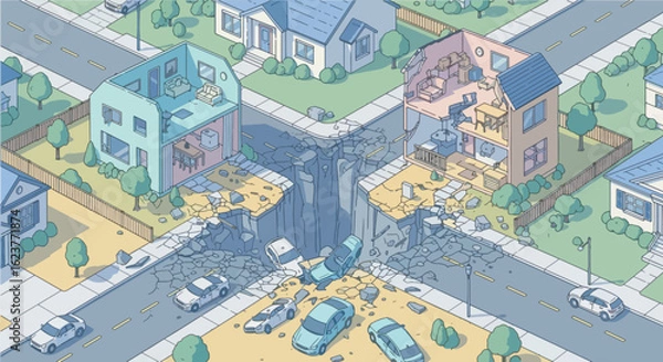 Fototapeta Bird’s-eye view of a massive earthquake fault line tearing through a suburban neighborhood, houses split in half, cars trapped in debris