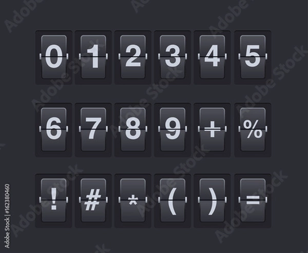 Fototapeta Set of numbers and symbols on a mechanical scoreboard. template.