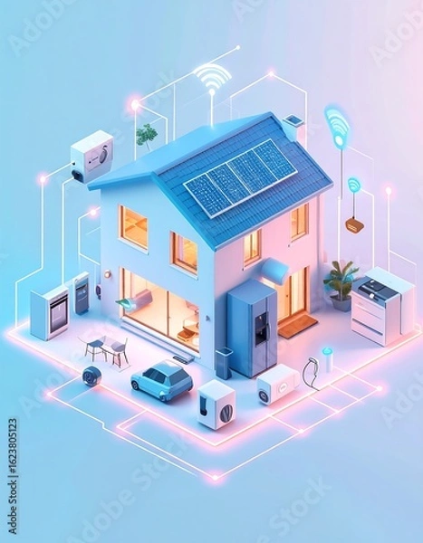 Fototapeta A modern smart home with connected devices, showcasing energy efficiency and automation.
