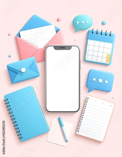 Fototapeta A smartphone surrounded by various communication and organizational tools, all in a colorful, stylized illustration.