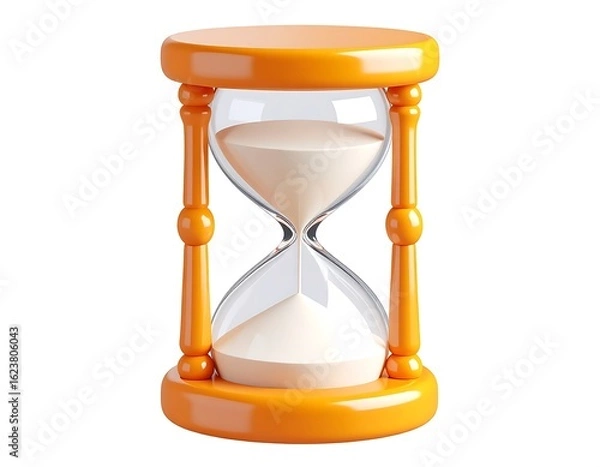 Fototapeta Vibrant orange 3D hourglass with white flowing sand. A symbolic illustration of time, deadlines, and countdowns, isolated on a white background.