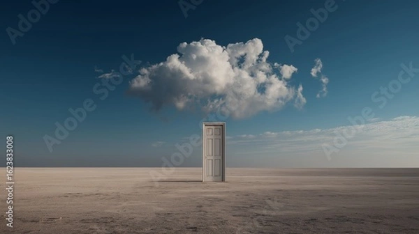 Fototapeta Surreal door stands in empty landscape beneath a single white cloud
