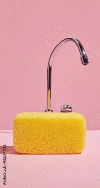 Obraz Chrome faucet atop a large yellow sponge, set against a pink background, casting a subtle shadow