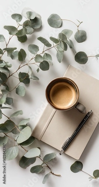 Fototapeta Flatlay of espresso in a dark mug atop a beige notebook, alongside eucalyptus sprigs and a pen on a white background