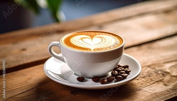 Fototapeta Aromatic latte art on rustic wood