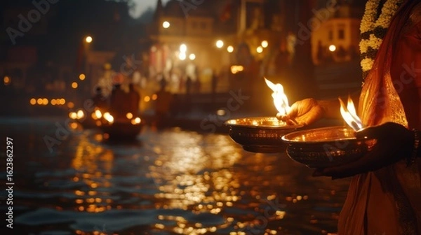 Fototapeta A dynamic shot of evening Aarti being performed at the Ganga ghat, with glowing lamps with glowing accents