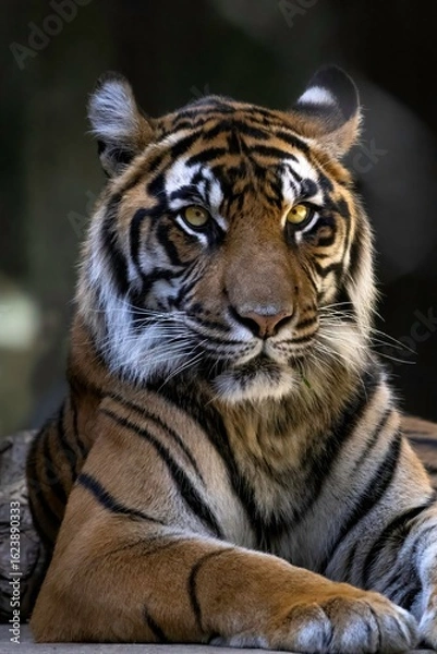 Fototapeta Poised Bengal tiger sits upright with piercing golden eyes, a vivid emblem of calm power, leadership and premium quality, ideal for branding or motivational visuals.
