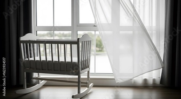 Obraz A white baby crib sits near a window with blowing sheer curtains, indoors.