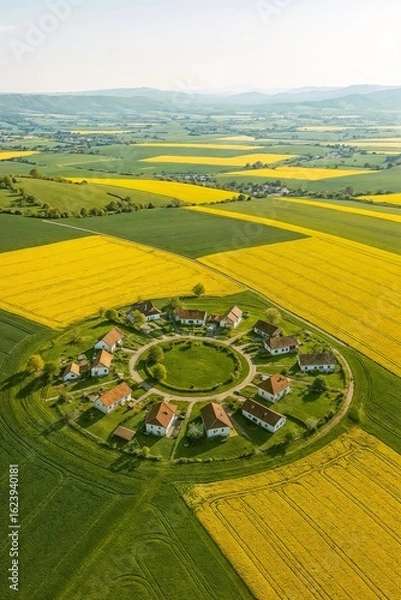 Fototapeta Aerial View: Serene Circular Village nestled in vibrant green and yellow fields, idyllic rural landscape.