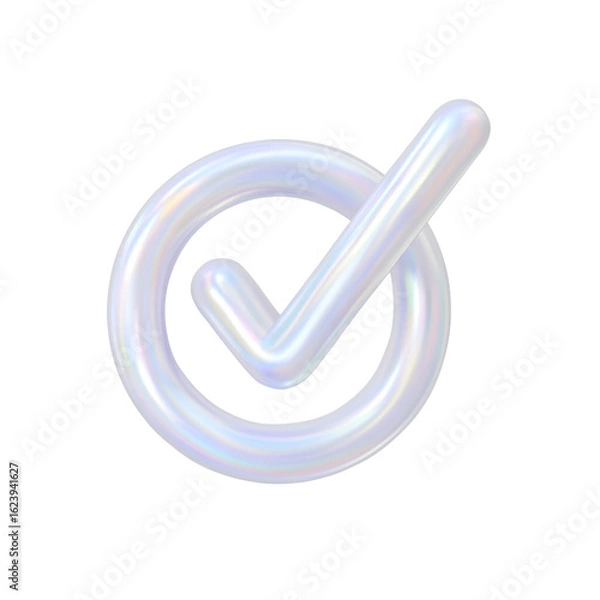 Fototapeta 3D UI Symbols Check Icon PNG. Glossy holographic pearl texture Approval Tick for Buttons, UI, and Web Graphics.