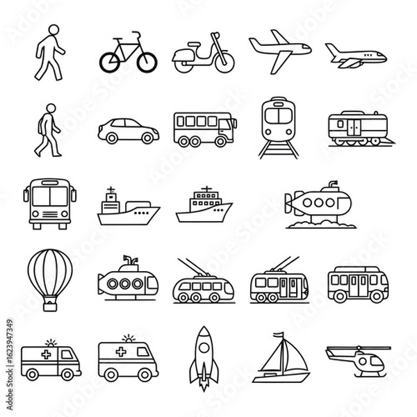 Fototapeta Art of collection of diverse transportation and vehicle icons, including people, bicycles, cars, buses, trains, airplanes, ships, submarines, and helicopters, isolated on white background