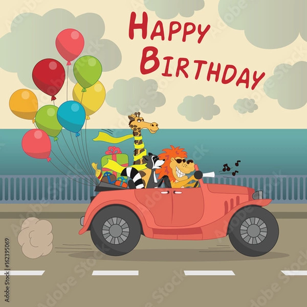 Fototapeta Cute Happy birthday greeting card for child fun cartoon style There are birthday gifts funny animals in the car cabriolet with balloons Vector Illustration
