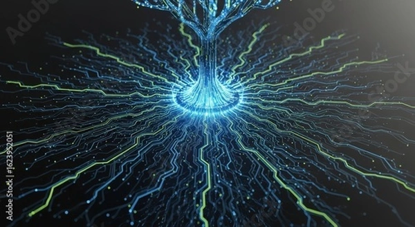 Obraz An abstract, glowing tree of life with luminous blue and green roots spreading out like a vast network.