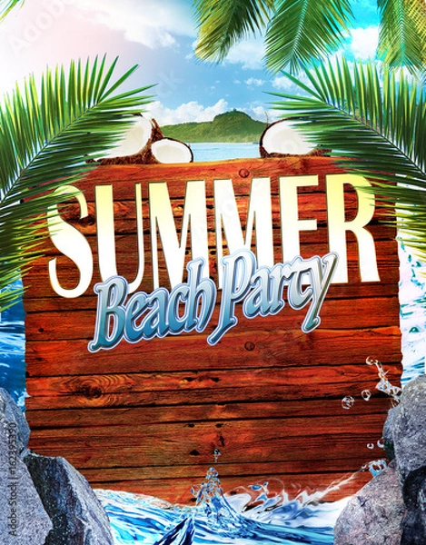 Obraz Template flyer for Summer Beach Party, Design with typographic elements on wood texture background.