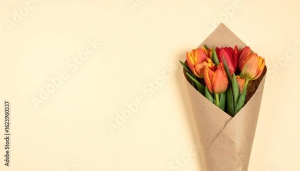 Fototapeta Vibrant Firefly Tulip Bouquet Wrapped In Brown Kraft Paper Against Light Cream Background