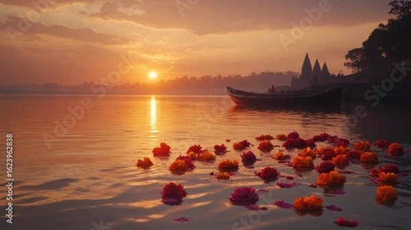 Fototapeta A peaceful image of flower offerings floating on the Ganga at twilight during festive season