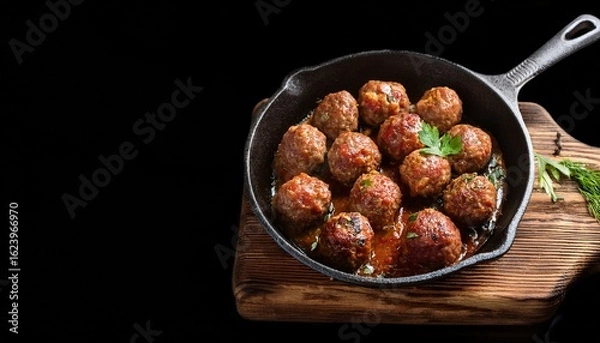 Obraz juicy homemade meatballs sizzling in a pan rustic wooden board