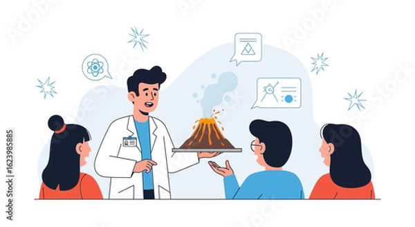Fototapeta Explaining Science Experiments With A Volcano Model To A Group of Students