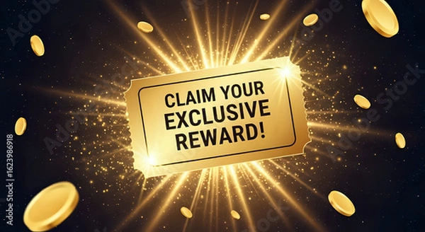 Fototapeta Exclusive reward ticket shimmering with golden light and coins, perfect for promotion, prize, or winning concept