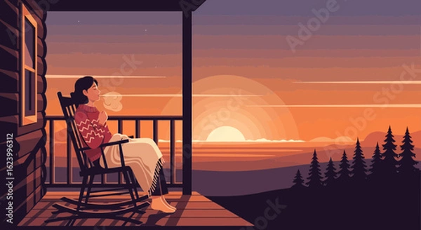 Fototapeta Woman Enjoying Sunset View From Porch In Peaceful Cabin Retreat Scenery
