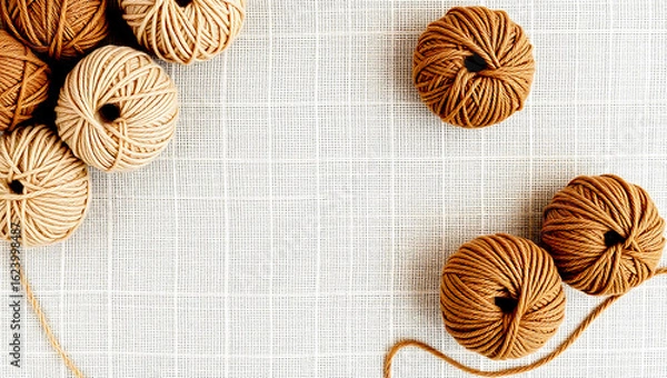 Obraz Neutral Wool Yarn Flat Lay with Empty Mockup Space – Top View of Soft Brown Knitting Materials on Linen Textile Background with Realistic Texture and Lighting