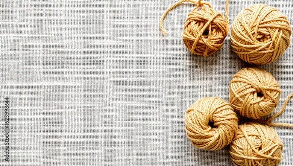 Obraz Minimalist Yarn Ball Arrangement in Top-Left Corner on Textured Linen – Natural Colors and Wide Blank Area Ideal for Background or Template