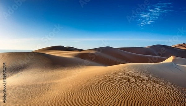 Fototapeta metallic sand dunes shifting under a bright blue sky displaying liquid chrome texture