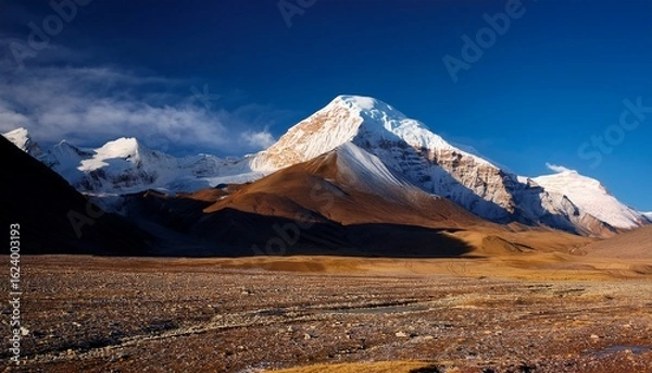 Fototapeta mt kailash tibet sacred peak the sacred peak of mount kailash under clear skies with the sunlight casting a soft glow on the snow covered summit and the surrounding barren landscape
