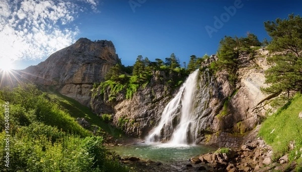 Obraz scenic waterfall cascading down rocky cliffs surrounded by lush green vegetation on a sunny day forming a picturesque mountain landscape
