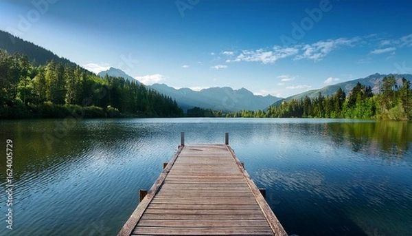 Fototapeta wooden dock overlooking a serene mountain lake with calm water and forested hills in the background symbolizing peace nature and relaxation