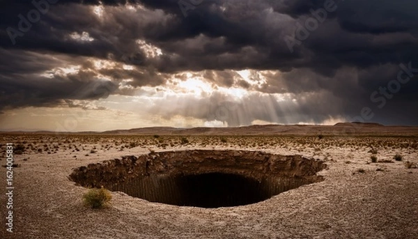Fototapeta a deep rectangular hole plunges into the earth under a stormy sky surrounded by desolate terrain creating a dramatic and ominous landscape illustration
