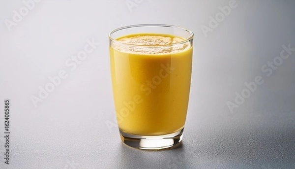 Fototapeta a creamy yellow smoothie served in a clear glass on a plain light background